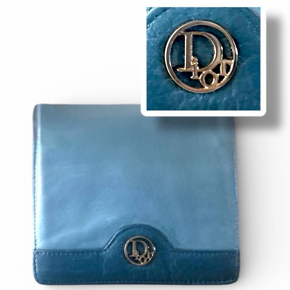 Dior Rare Dusty Sky Blue Soft Lambskin Genuine Leather Compact Wallet Purse - Picture 2 of 12